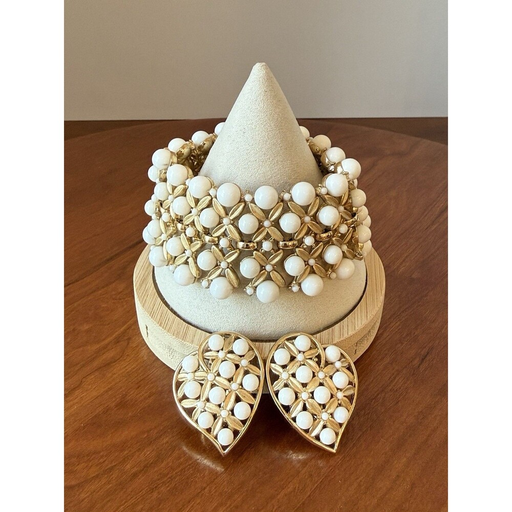 Crown Trifari Lattice Flower Faux Pearl Bracelet & Earring Set Vintage Signed